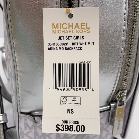 Michael Kors Jet Set Girls Adina Medium Backpack MK Bright White Silver Multi - Picture 15 of 15